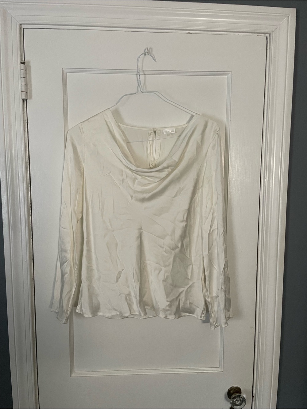 Ecru Draped Cowl-Neck Long Sleeve Blouse in White Size Small Silk Blend